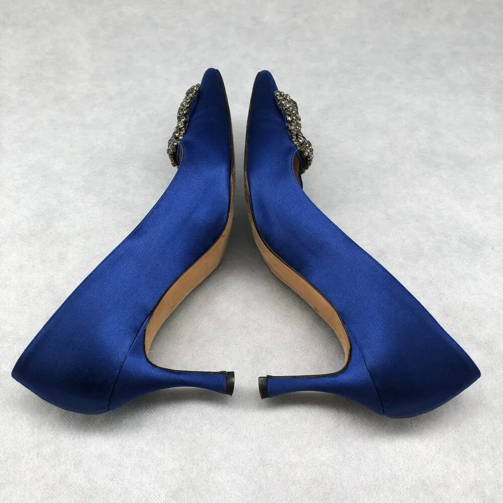 Manolo Blahnik Cobalt Satin Pointed-Toe Pumps with Jeweled Buckle - Picture 8 of 10